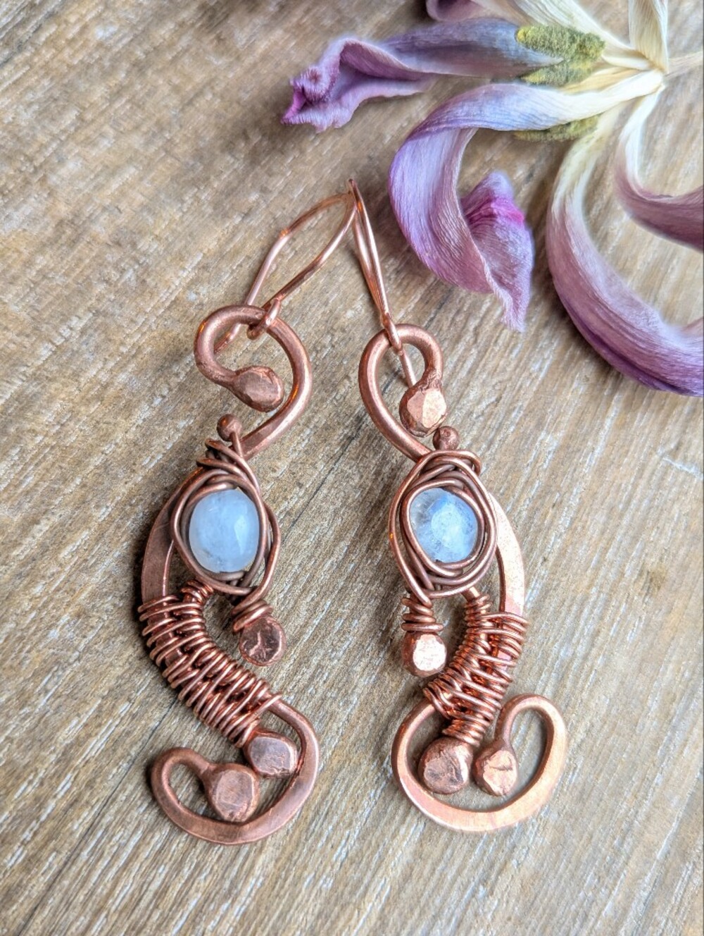 Artisan Copper Earrings with Moonstones - Picture 7 of 11